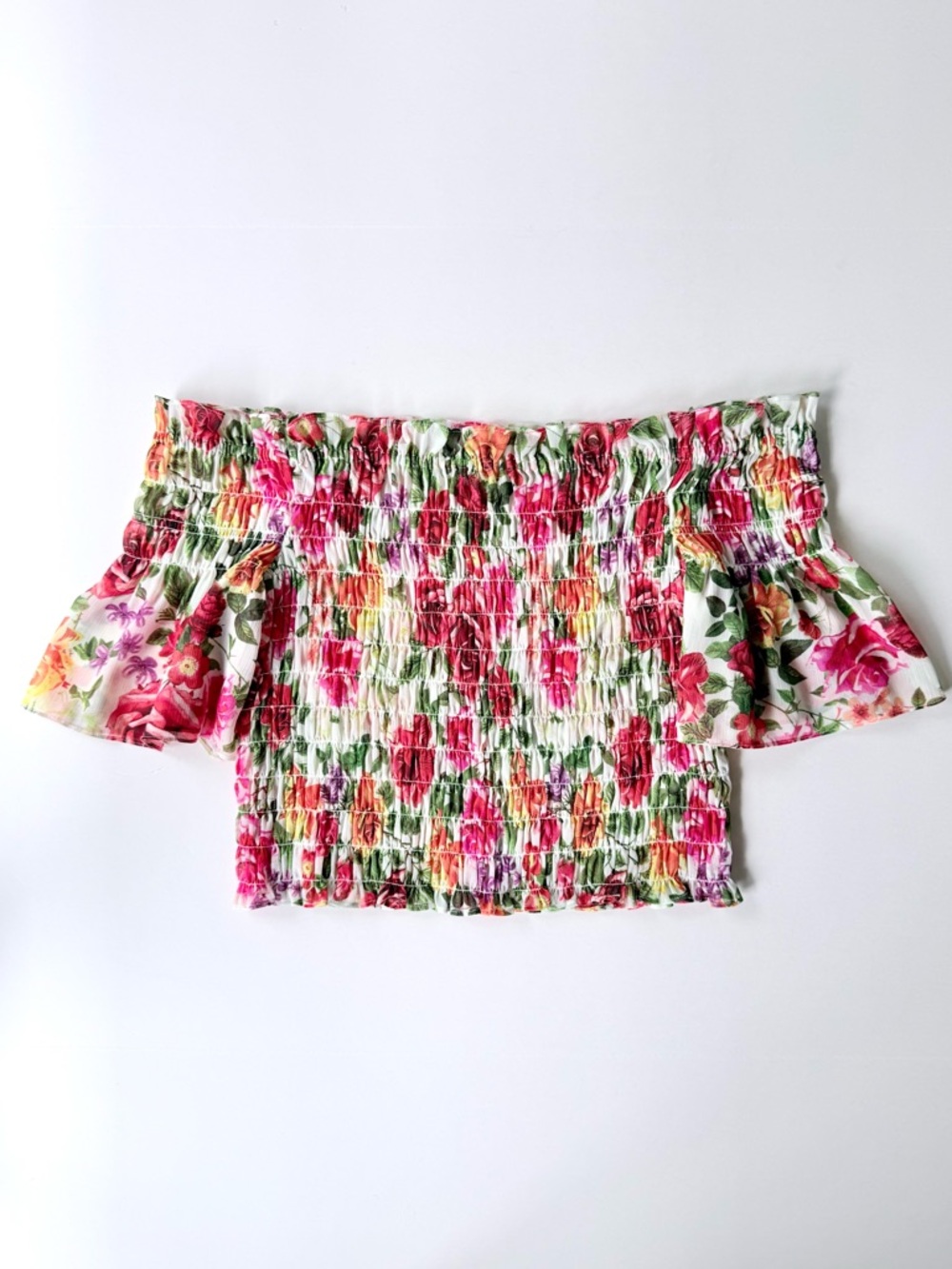 L’Agence Bexley Off Shoulder Smocked Top in White Multi Garden Floral S $260 - Picture 6 of 15
